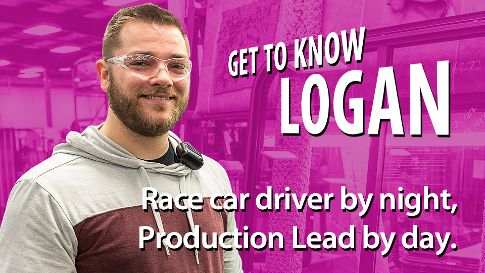 Thumbnail image to access Logan' video titled Get to know Logan, race car driver by night, production lead by day